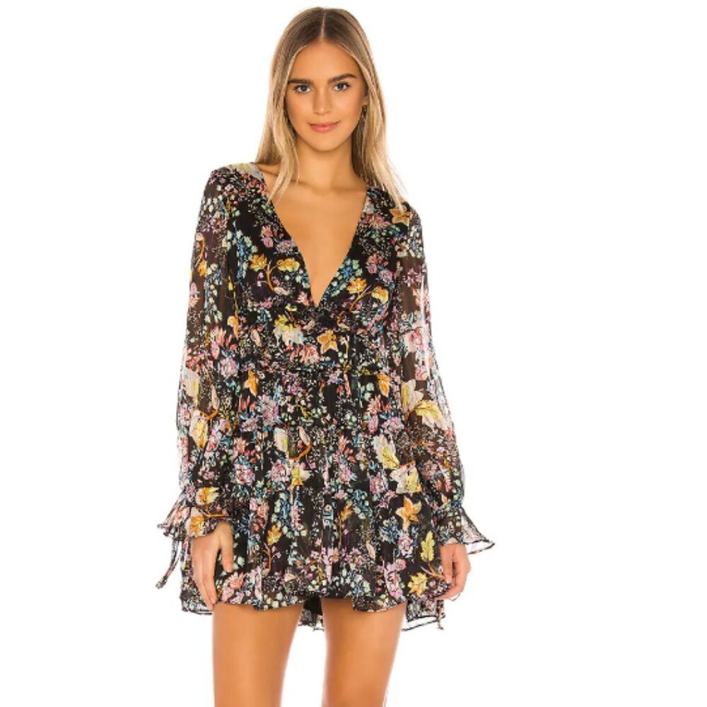 Free People Floral Mini Dress - Black and Multicolor